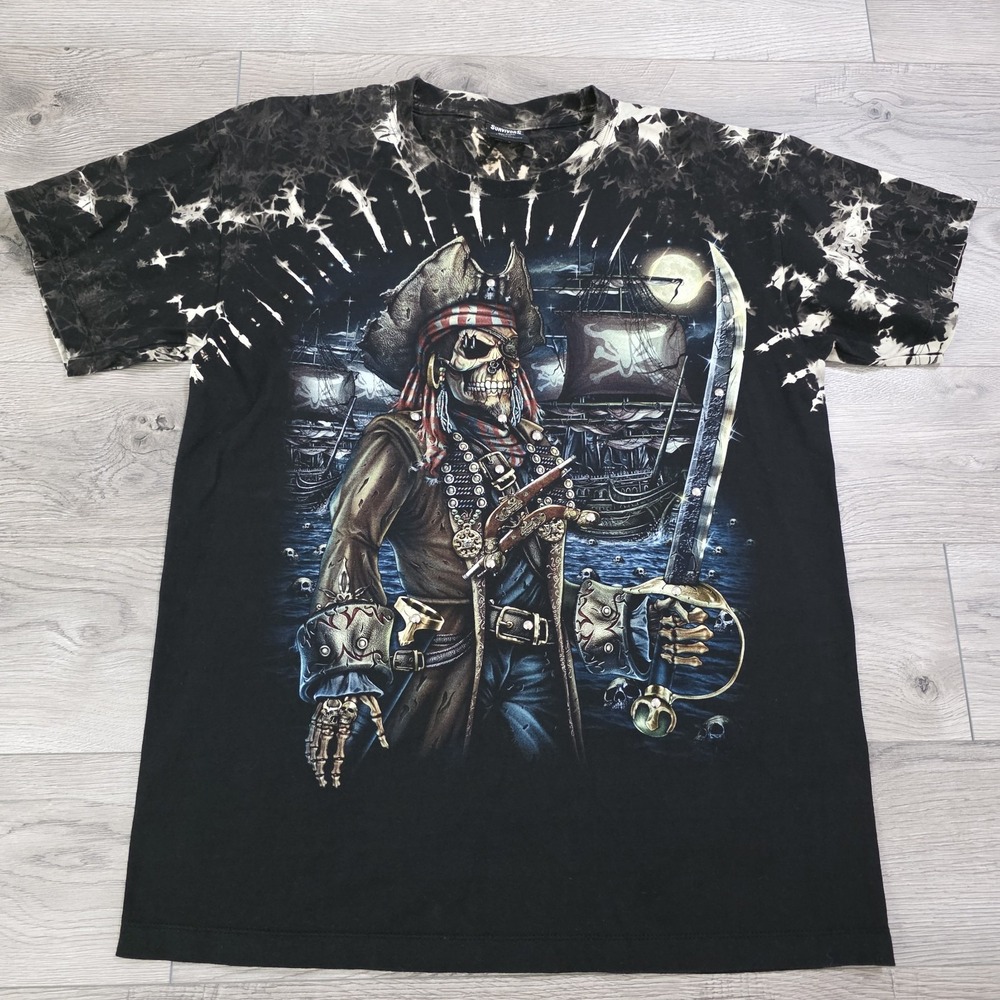 Survivors Pirate Shirt‎ Mens Size L Black Studded Short Sleeve Tie Dye Skull